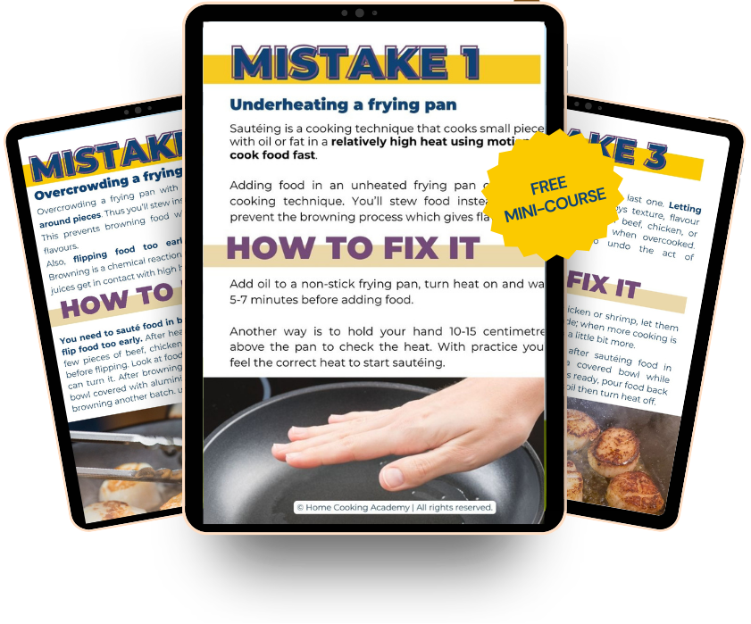Mock-up of three tablets on transparent background featuring 3 fixes to make cooking feel easier